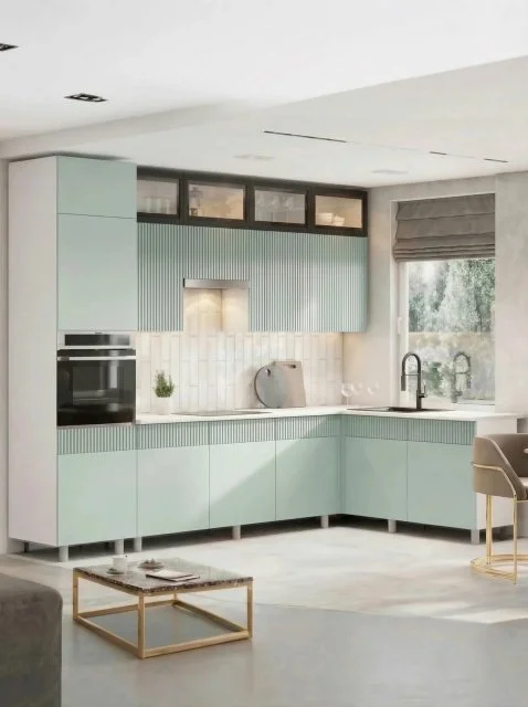 Угловая кухня София, Гренто, Амилия МДФ 3,0х1,8м Белый/Ментол/Черный/Антарес, со столешницей